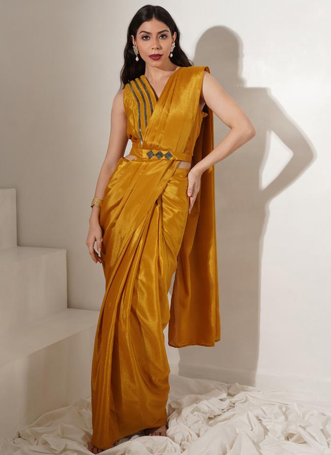 Chinnon Mustard Party Wear Lace Work Ready To Wear Saree